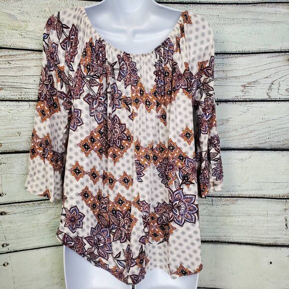 Maurices L Boho Floral Peasant Top 3/4 Sleeve Stretch Scoop Neck Geometric - Picture 4 of 7